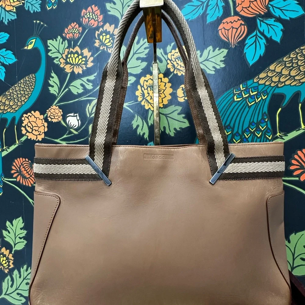 Vintage Gucci Leather Tote with Web Handles – Made in Italy - Picture 4 of 14